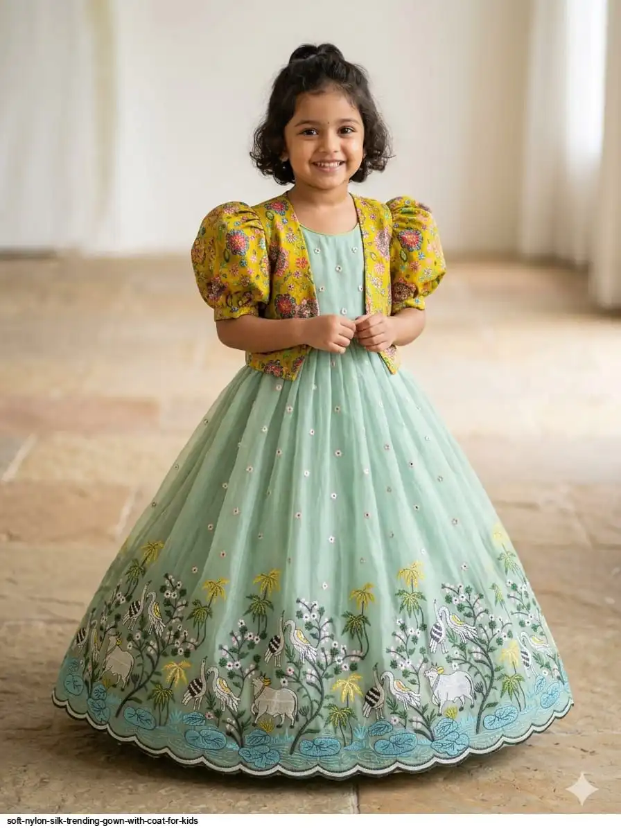 SOFT NYLON SILK TRENDING GOWN WITH COAT FOR KIDS 8