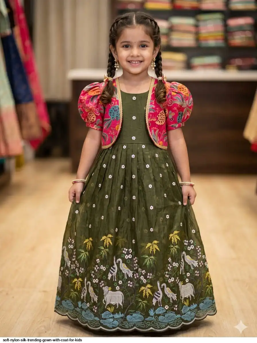 SOFT NYLON SILK TRENDING GOWN WITH COAT FOR KIDS 9