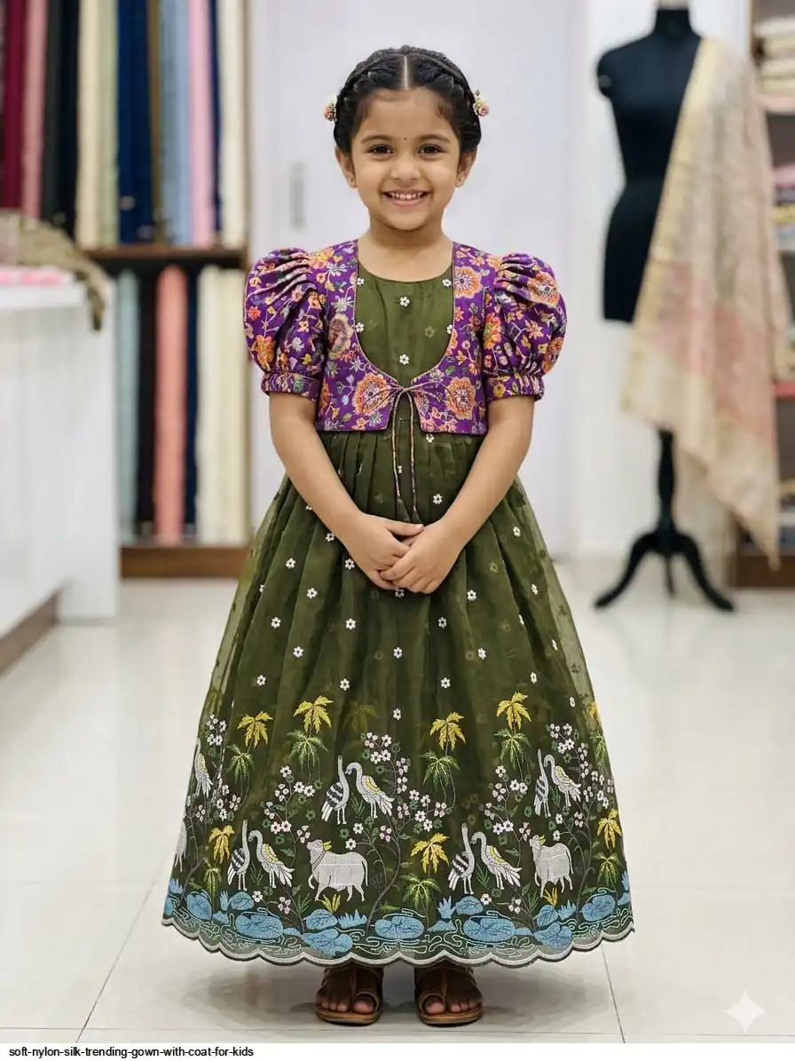 SOFT NYLON SILK TRENDING GOWN WITH COAT FOR KIDS 11