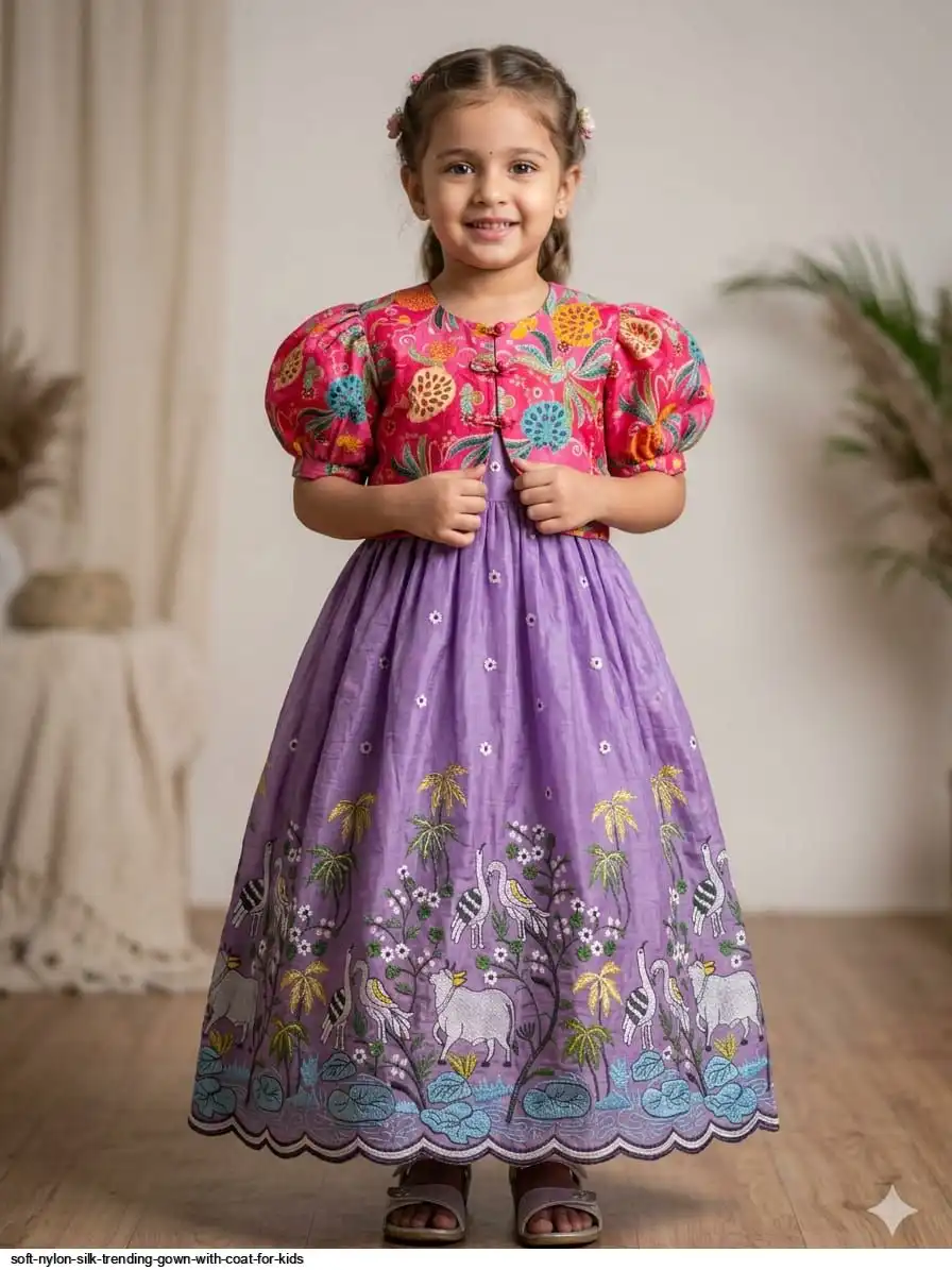 SOFT NYLON SILK TRENDING GOWN WITH COAT FOR KIDS 10