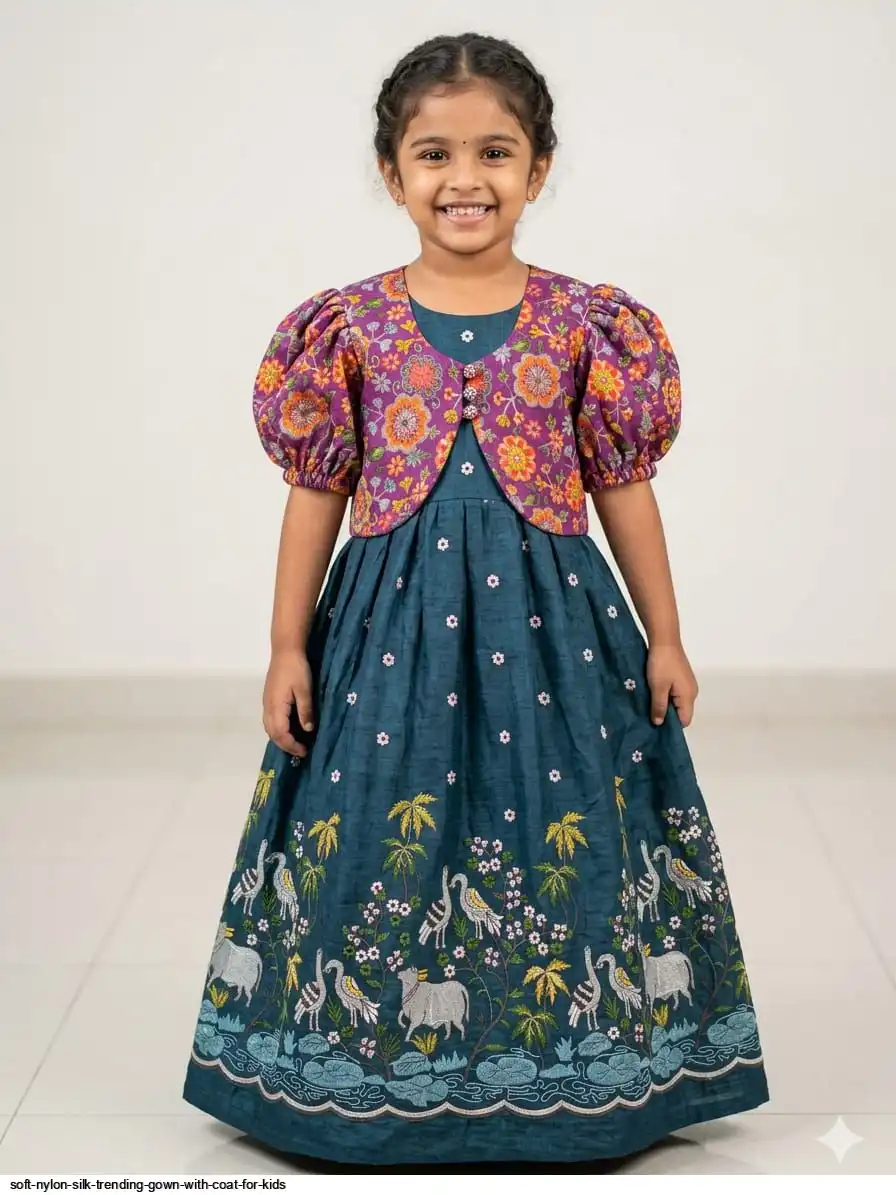 SOFT NYLON SILK TRENDING GOWN WITH COAT FOR KIDS 12