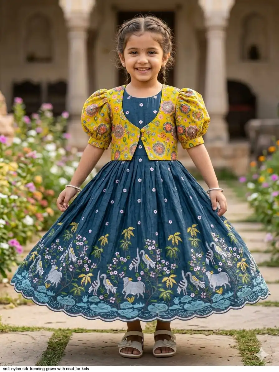 SOFT NYLON SILK TRENDING GOWN WITH COAT FOR KIDS 13