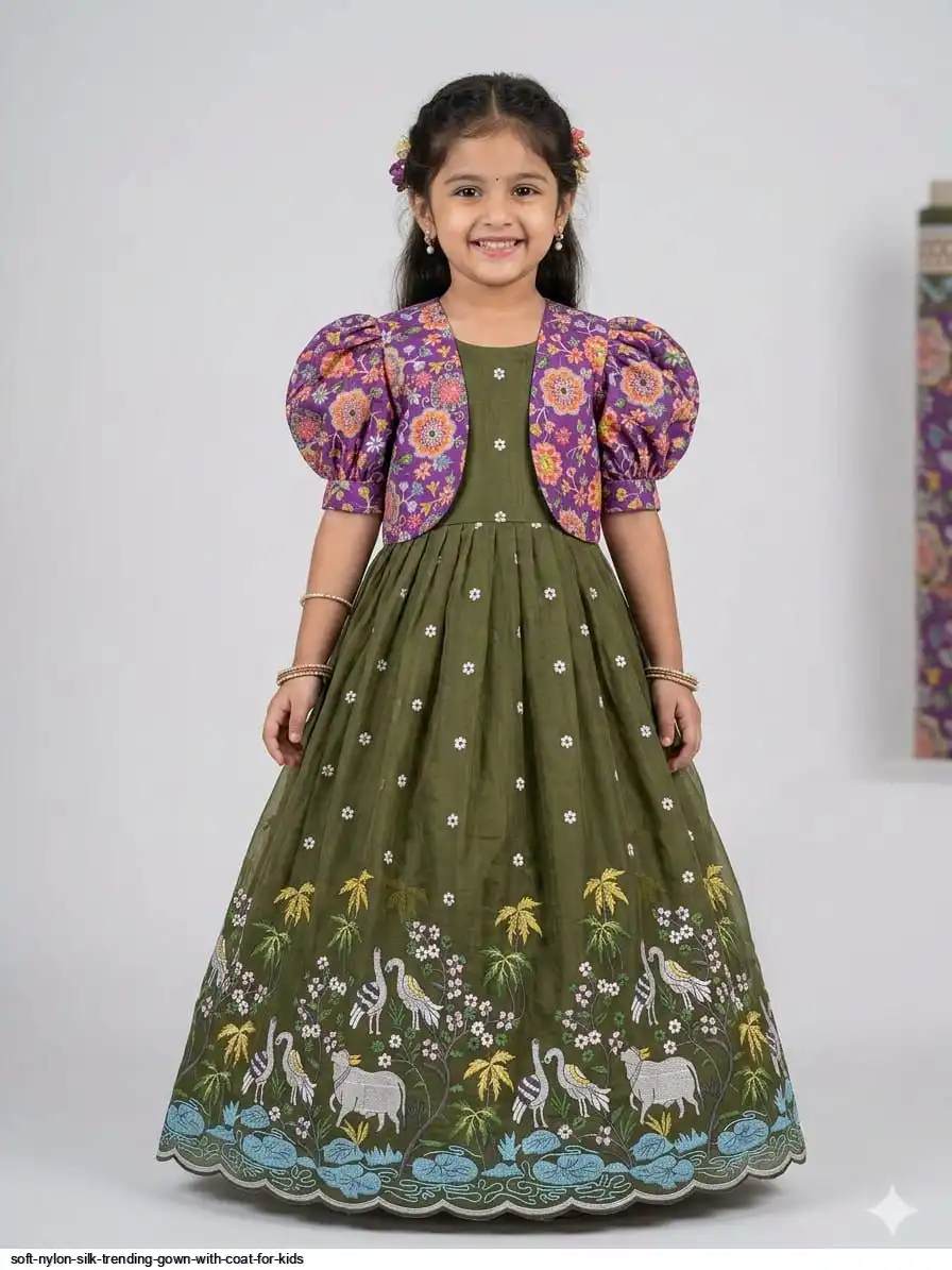 SOFT NYLON SILK TRENDING GOWN WITH COAT FOR KIDS 14