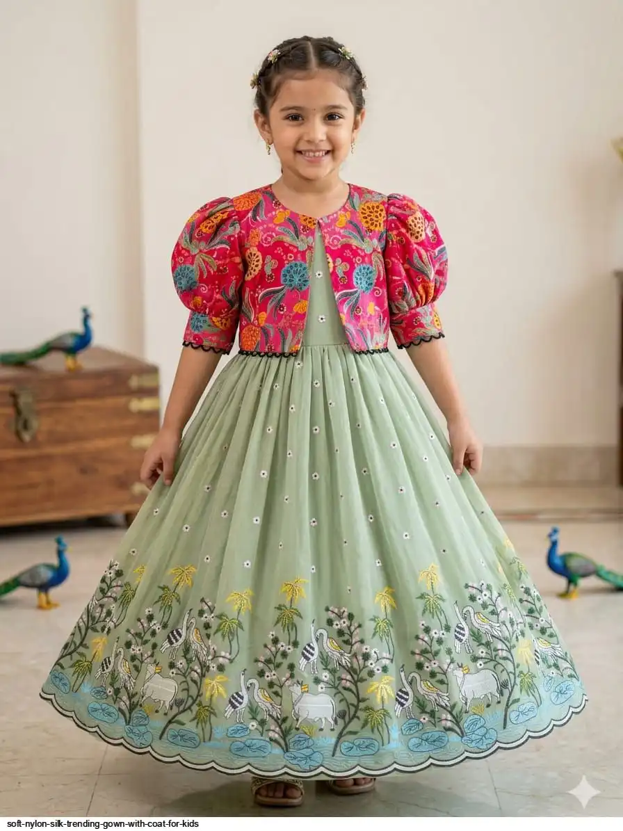 SOFT NYLON SILK TRENDING GOWN WITH COAT FOR KIDS 16