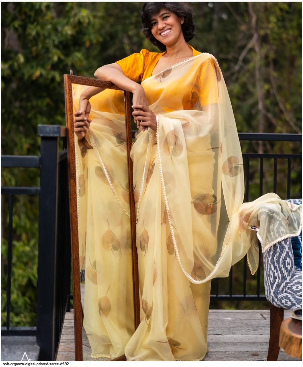 White Hand Printed Organza Saree