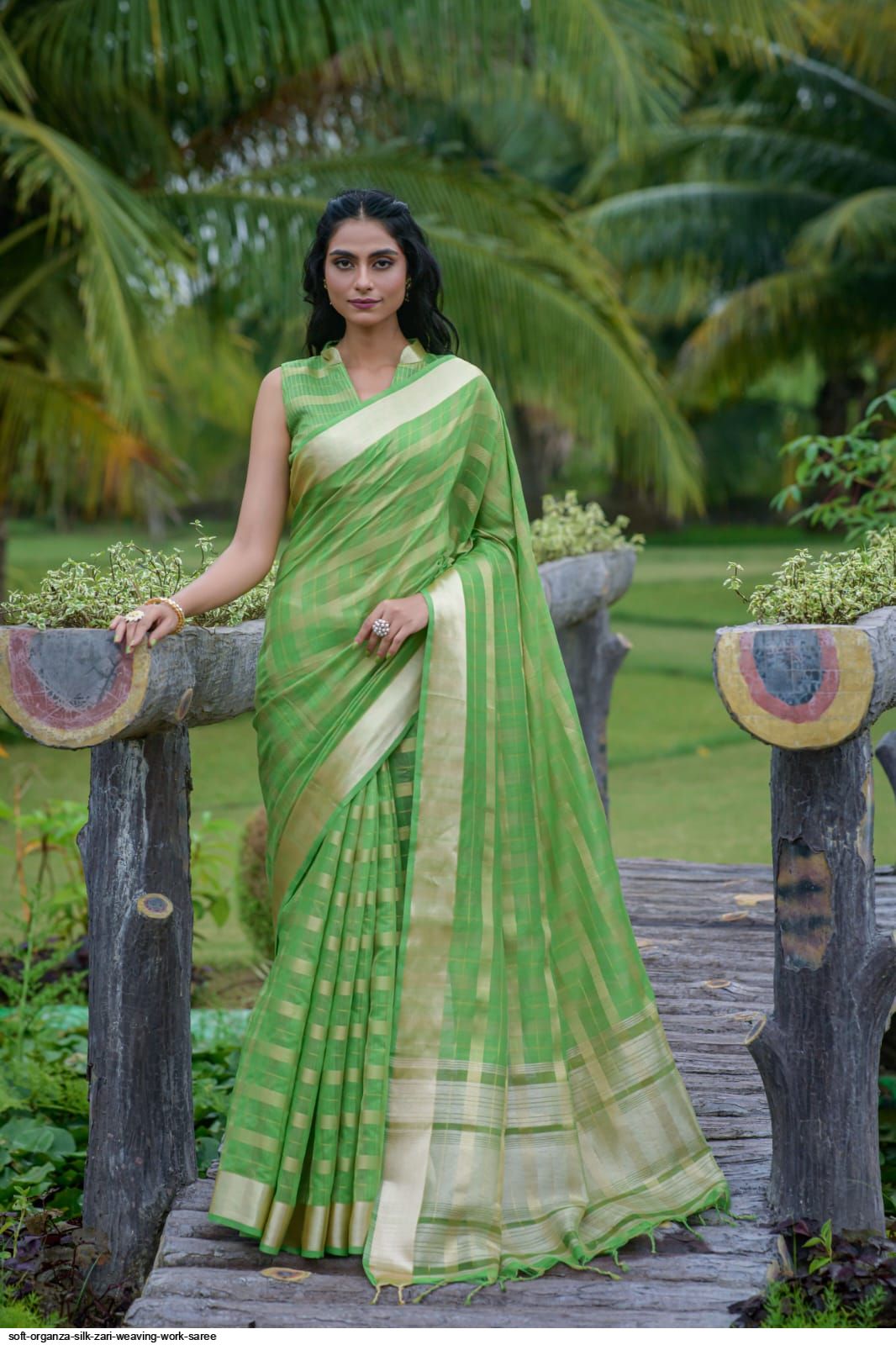 DENMOUS Zari 225887 Organza-Sari, Grün, One Size