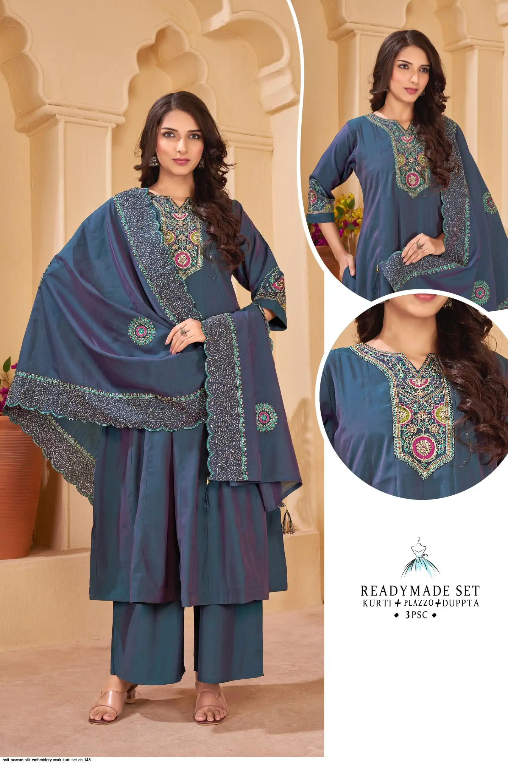 SOFT OXWORD SILK EMBROIDERY WORK KURTI SET DN 148 B