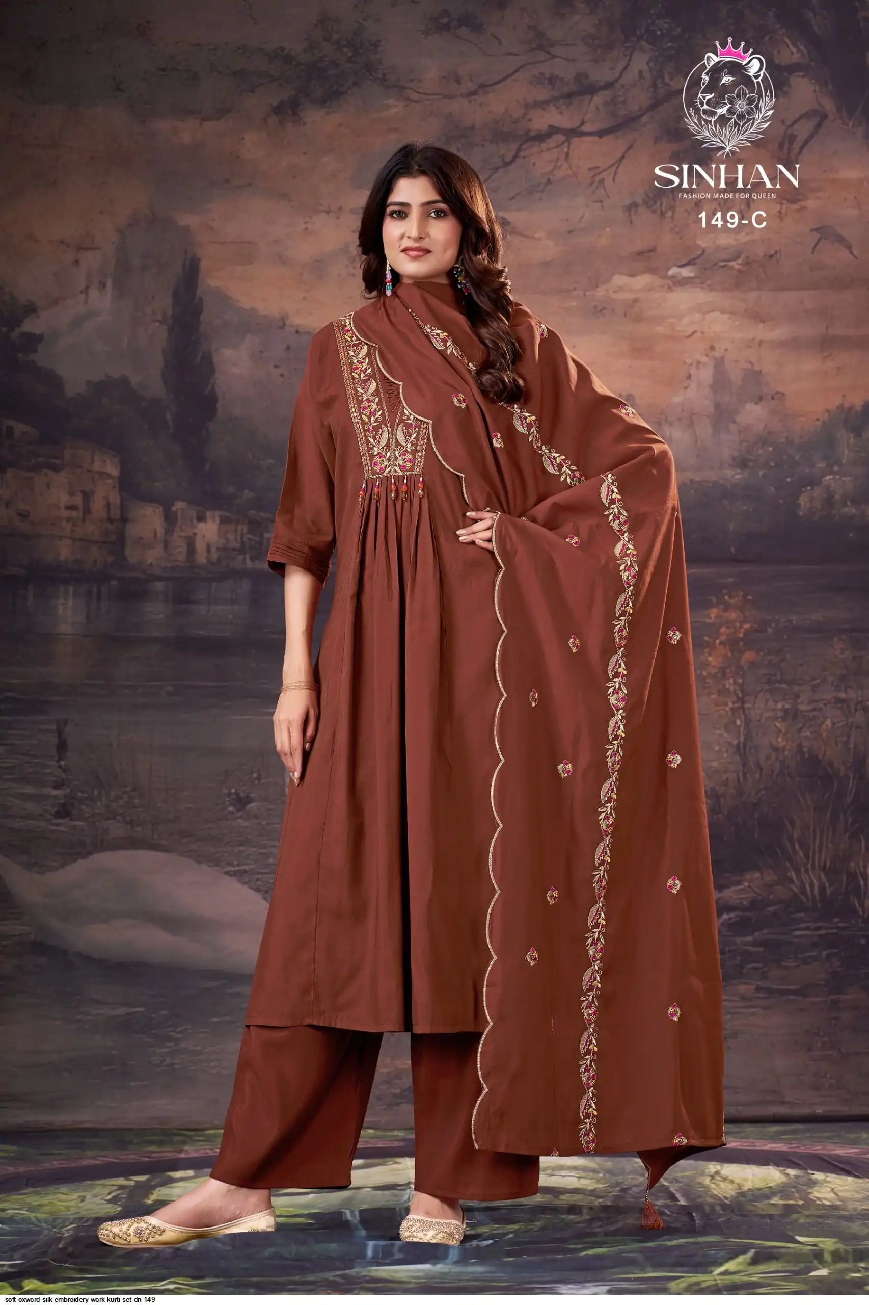 SOFT OXWORD SILK EMBROIDERY WORK KURTI SET DN 149 C