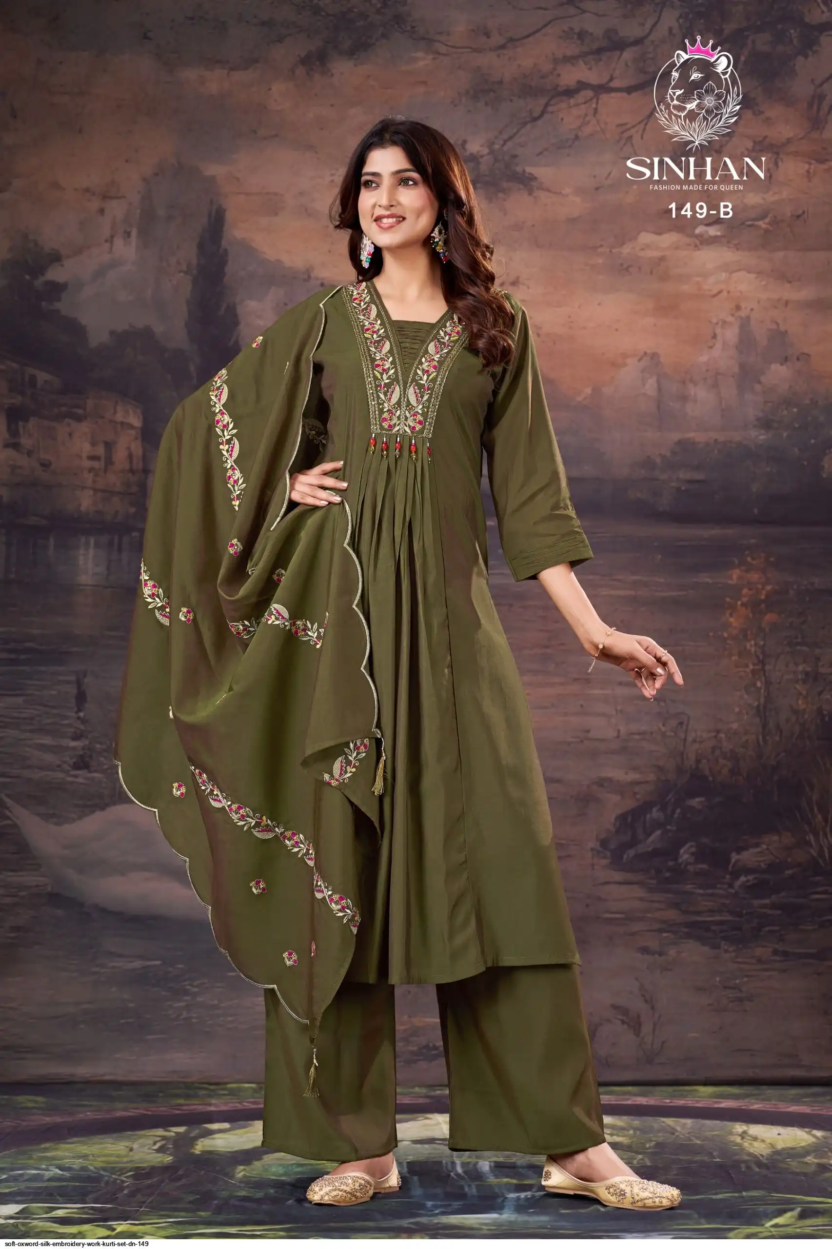 SOFT OXWORD SILK EMBROIDERY WORK KURTI SET DN 149 B