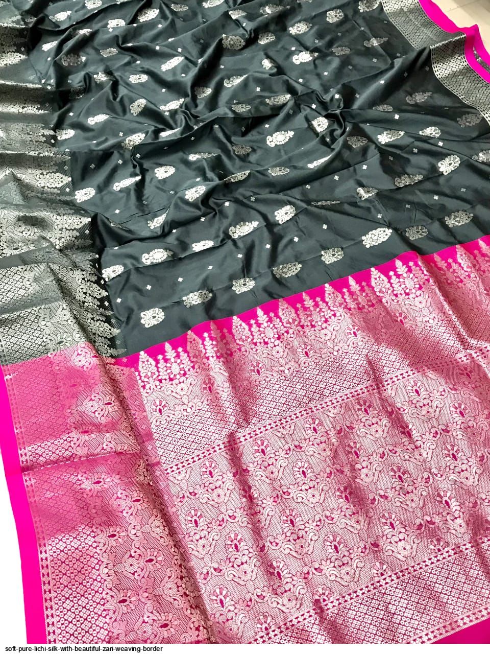 Soft pure Lichi silk with beautiful zari weaving Border