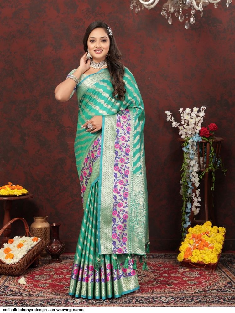 Multi Color Leheriya Stripe Printed Georgette Saree Online - Standard Size  32 | Ready to Wear Blouse / M… | Georgette saree party wear, Fancy sarees, Saree  designs