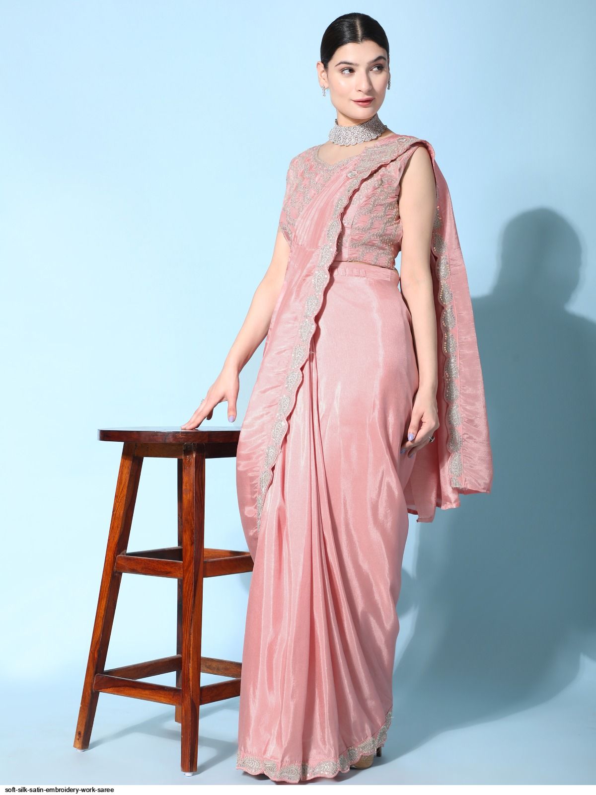 SOFT SILK SATIN EMBROIDERY WORK SAREE