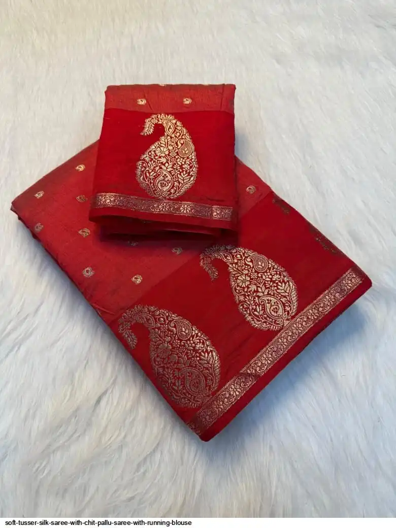 SOFT TUSSER SILK SAREE WITH CHIT PALLU SAREE WITH RUNNING BLOUSE D