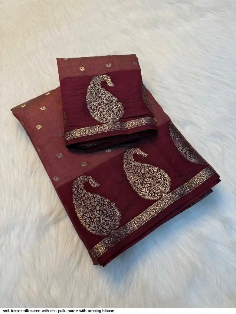 SOFT TUSSER SILK SAREE WITH CHIT PALLU SAREE WITH RUNNING BLOUSE E
