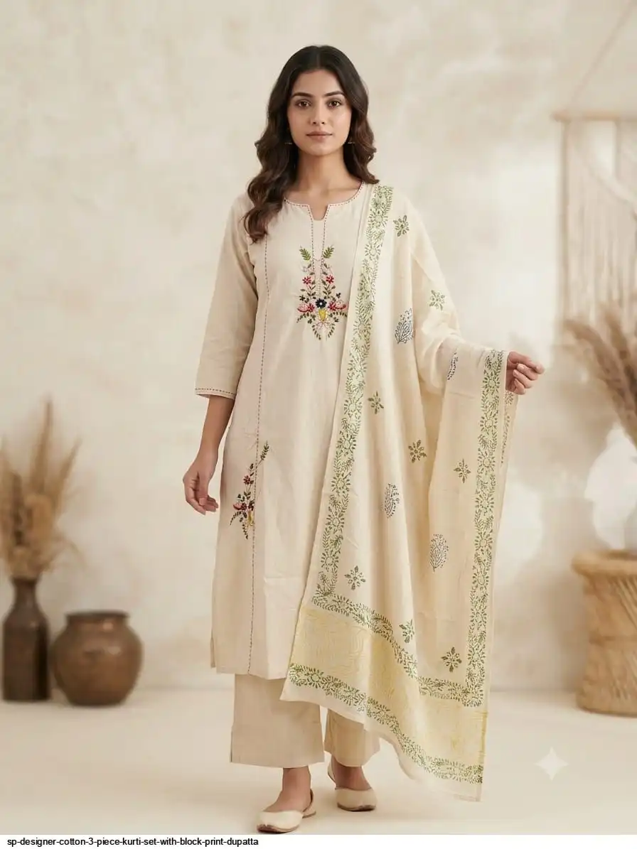 SP DESIGNER COTTON 3 PIECE KURTI SET WITH BLOCK PRINT DUPATTA C