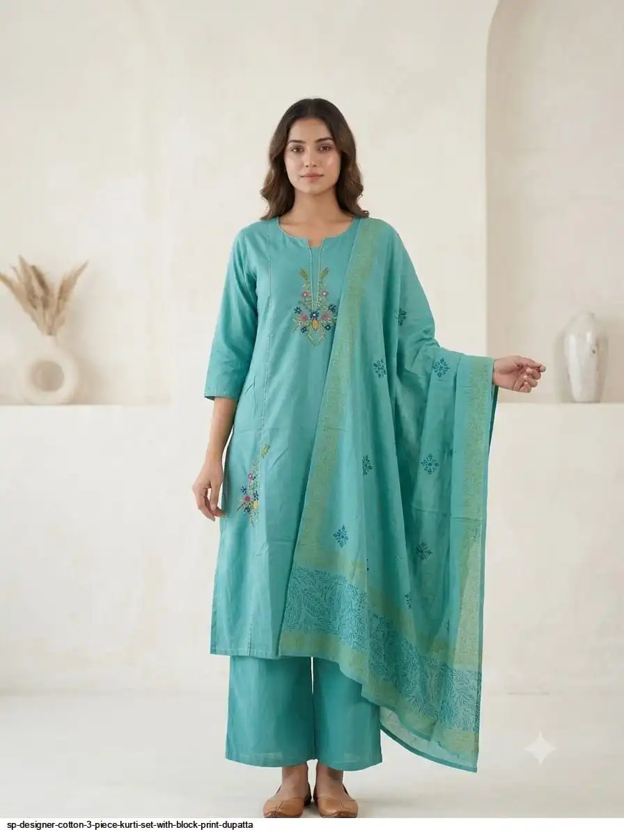 SP DESIGNER COTTON 3 PIECE KURTI SET WITH BLOCK PRINT DUPATTA A