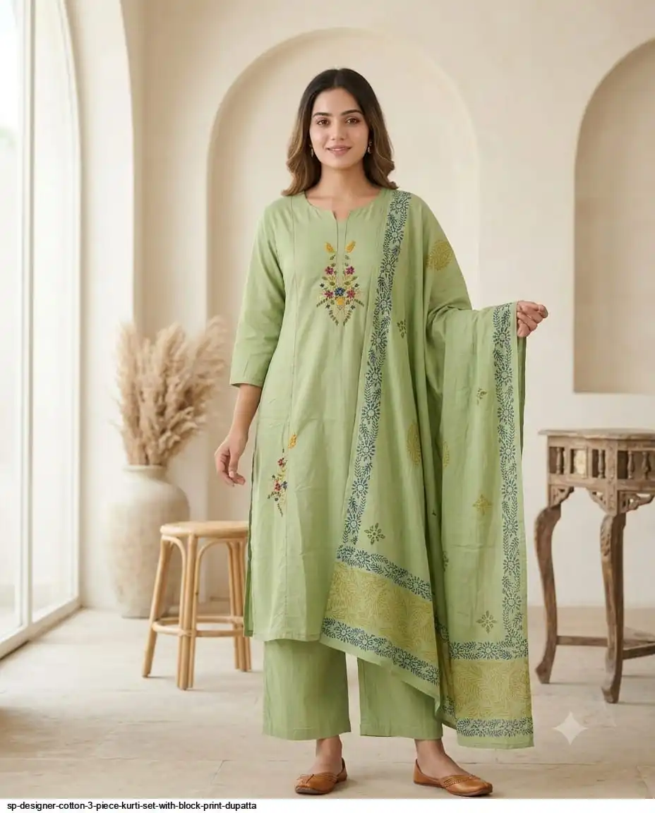 SP DESIGNER COTTON 3 PIECE KURTI SET WITH BLOCK PRINT DUPATTA F