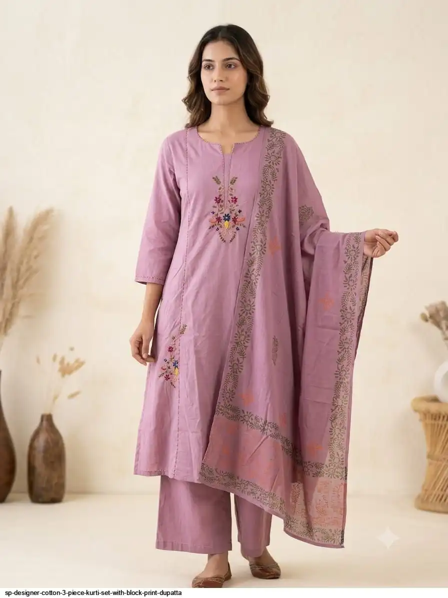 SP DESIGNER COTTON 3 PIECE KURTI SET WITH BLOCK PRINT DUPATTA B