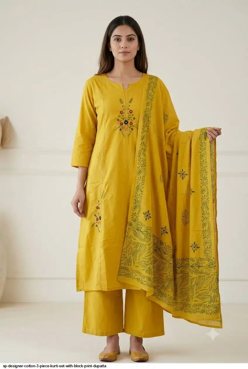 SP DESIGNER COTTON 3 PIECE KURTI SET WITH BLOCK PRINT DUPATTA D