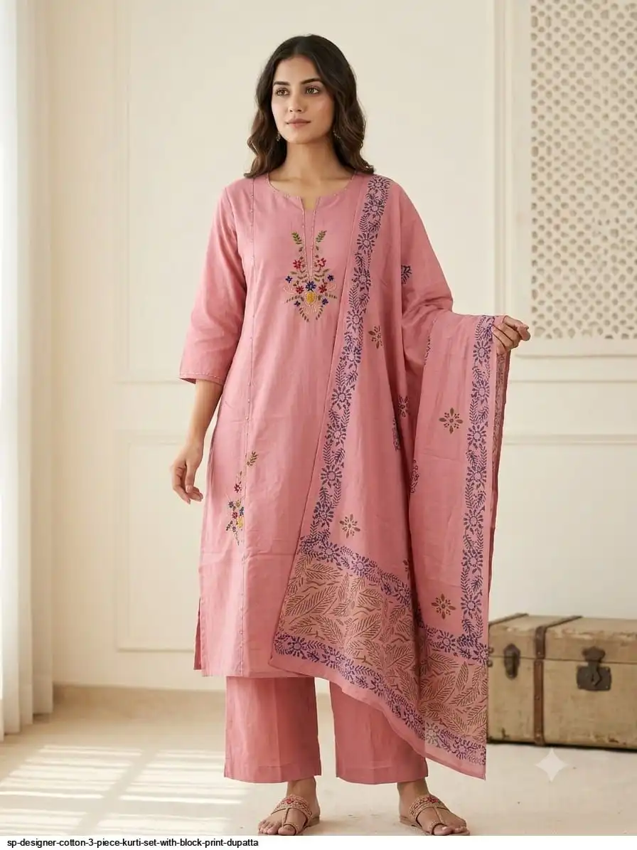 SP DESIGNER COTTON 3 PIECE KURTI SET WITH BLOCK PRINT DUPATTA E