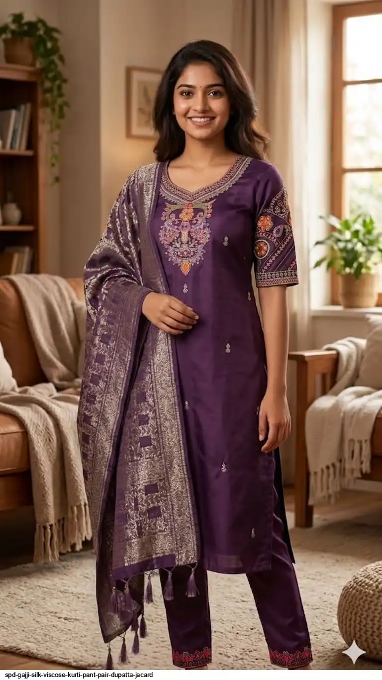 SPD GAJJI SILK VISCOSE KURTI PANT PAIR DUPATTA JACARD C
