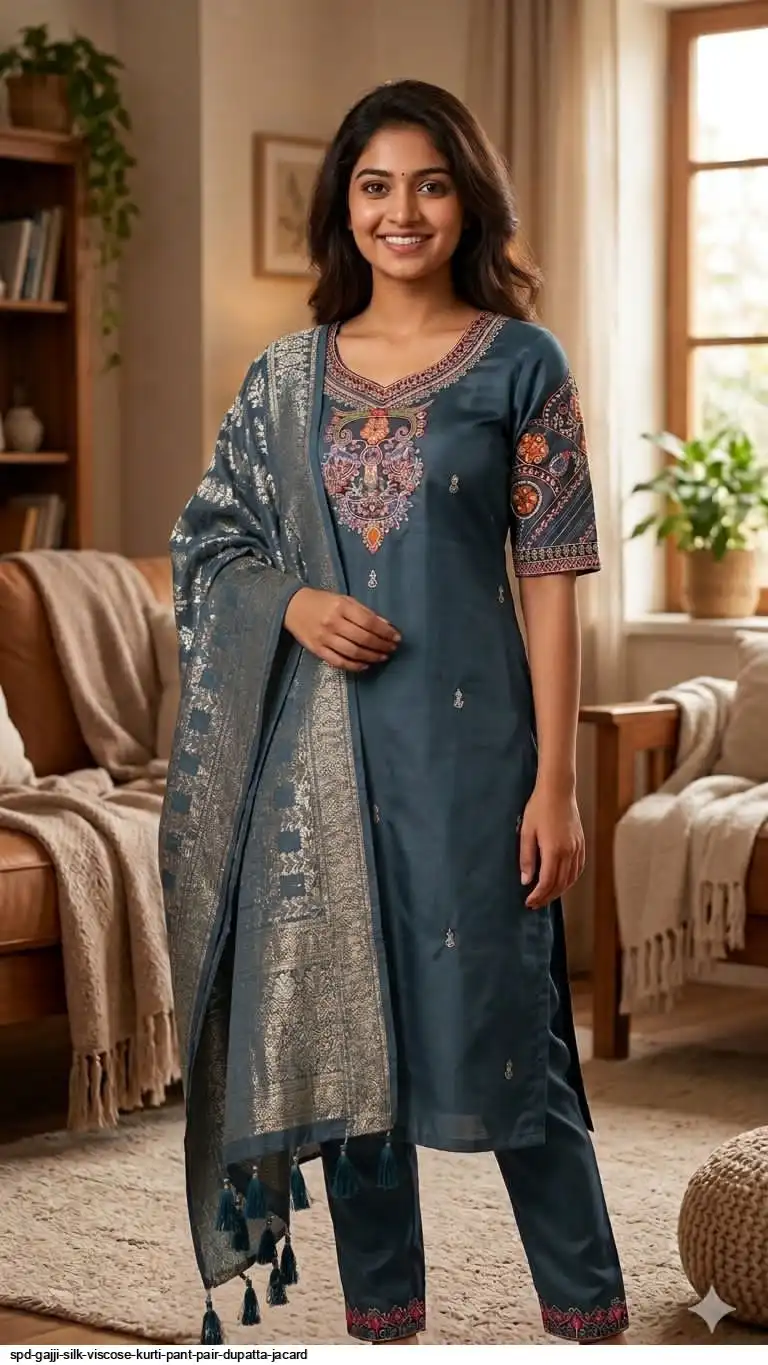 SPD GAJJI SILK VISCOSE KURTI PANT PAIR DUPATTA JACARD D
