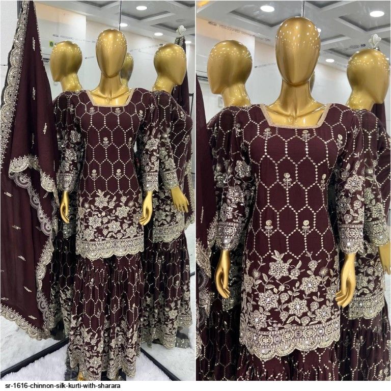 SR 1616 CHINNON SILK KURTI WITH SHARARA C