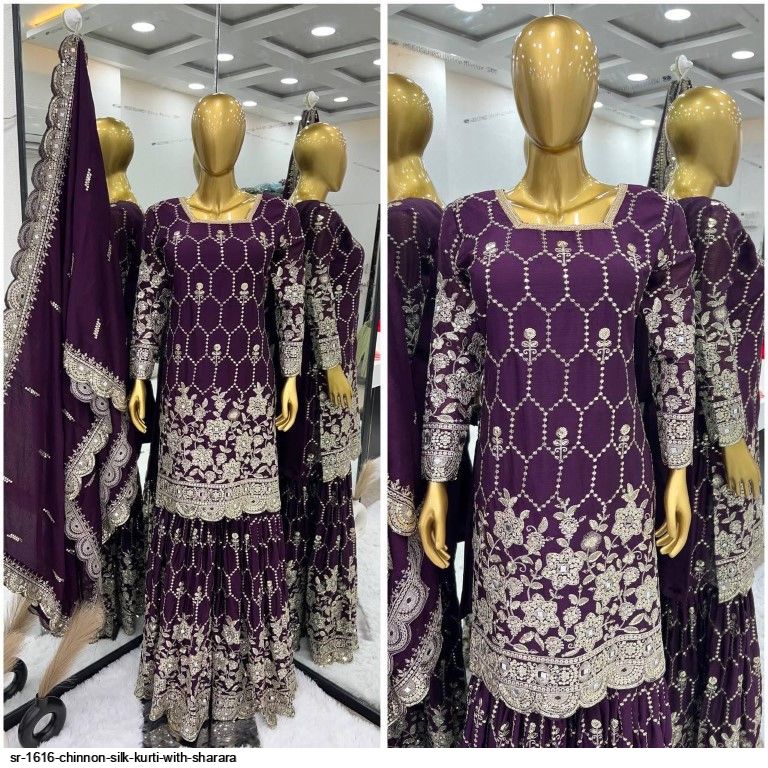 SR 1616 CHINNON SILK KURTI WITH SHARARA F
