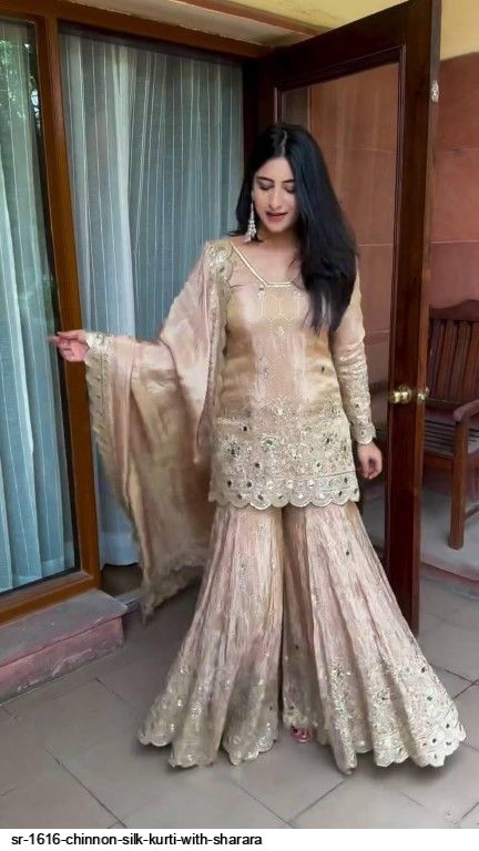 SR 1616 CHINNON SILK KURTI WITH SHARARA I