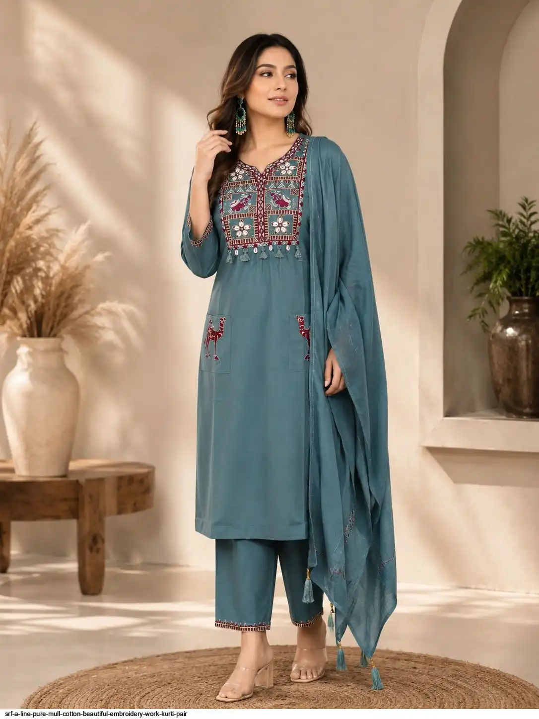SRF A LINE PURE MULL COTTON BEAUTIFUL EMBROIDERY WORK KURTI PAIR C