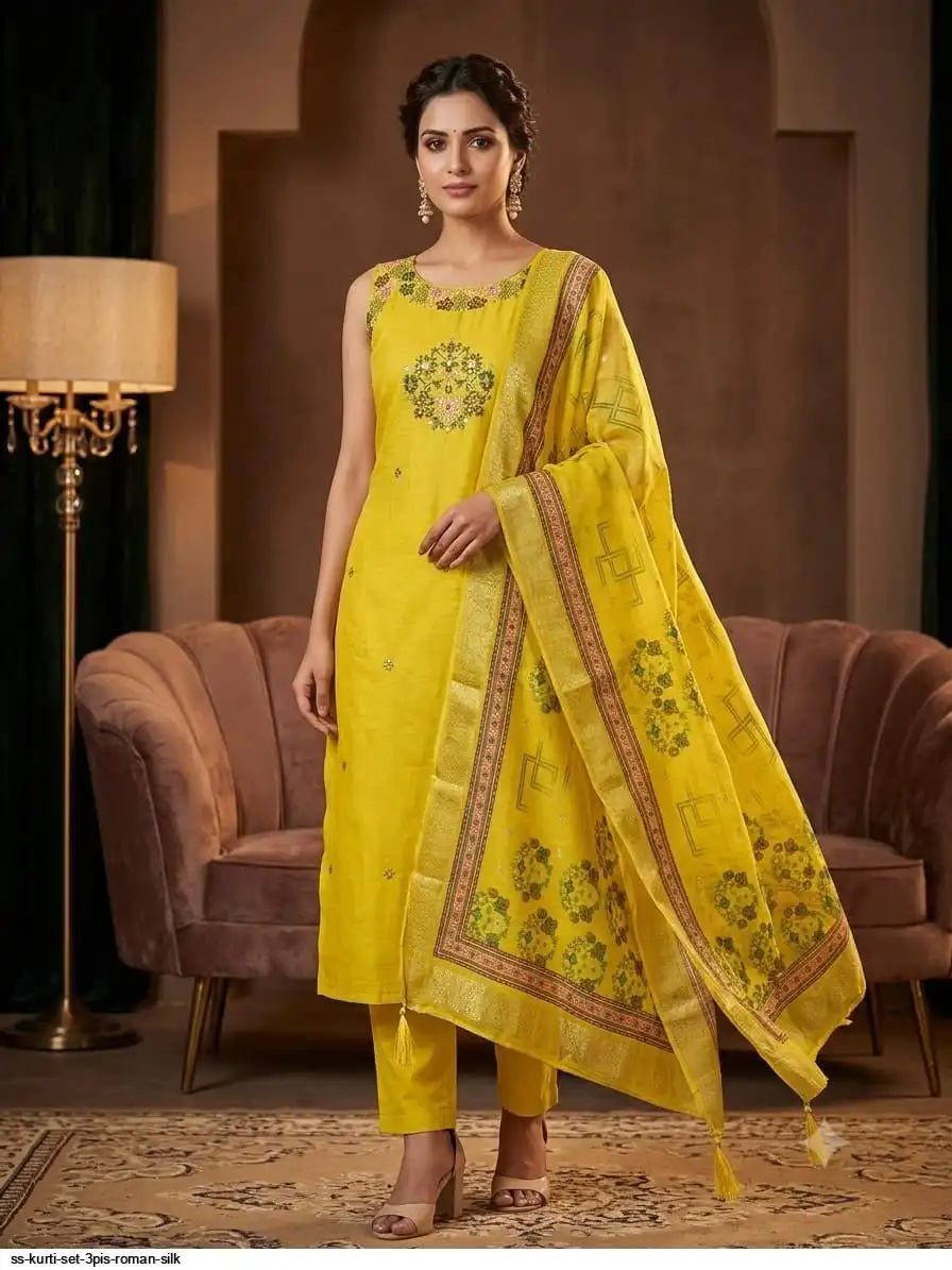 SS KURTI SET 3PIS ROMAN SILK N