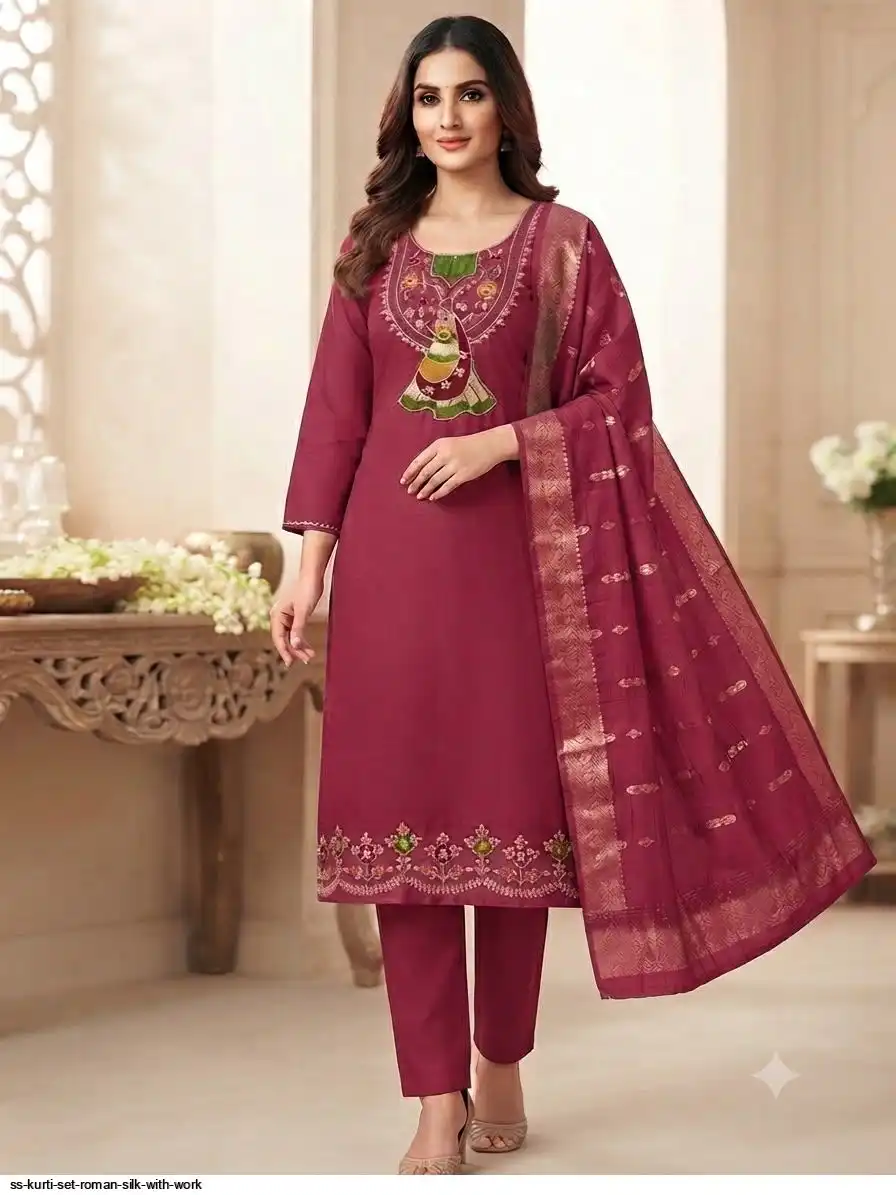 SS KURTI SET ROMAN SILK WITH WORK A