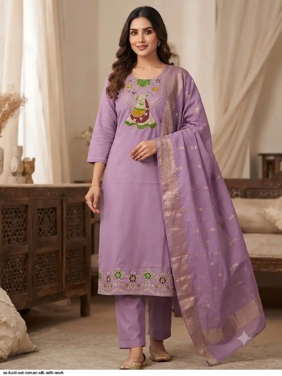 SS KURTI SET ROMAN SILK WITH WORK C