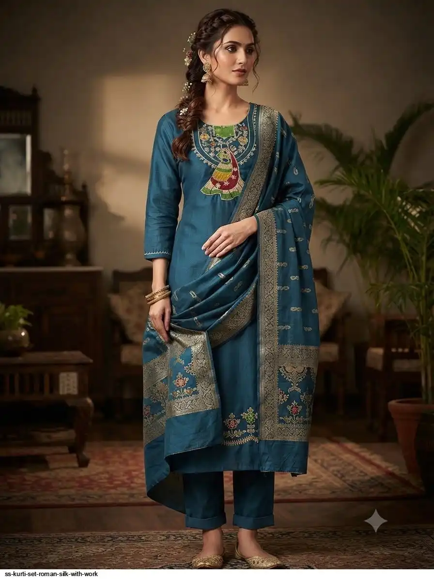 SS KURTI SET ROMAN SILK WITH WORK D