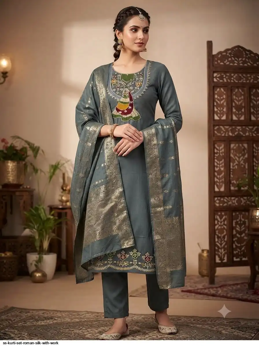 SS KURTI SET ROMAN SILK WITH WORK B