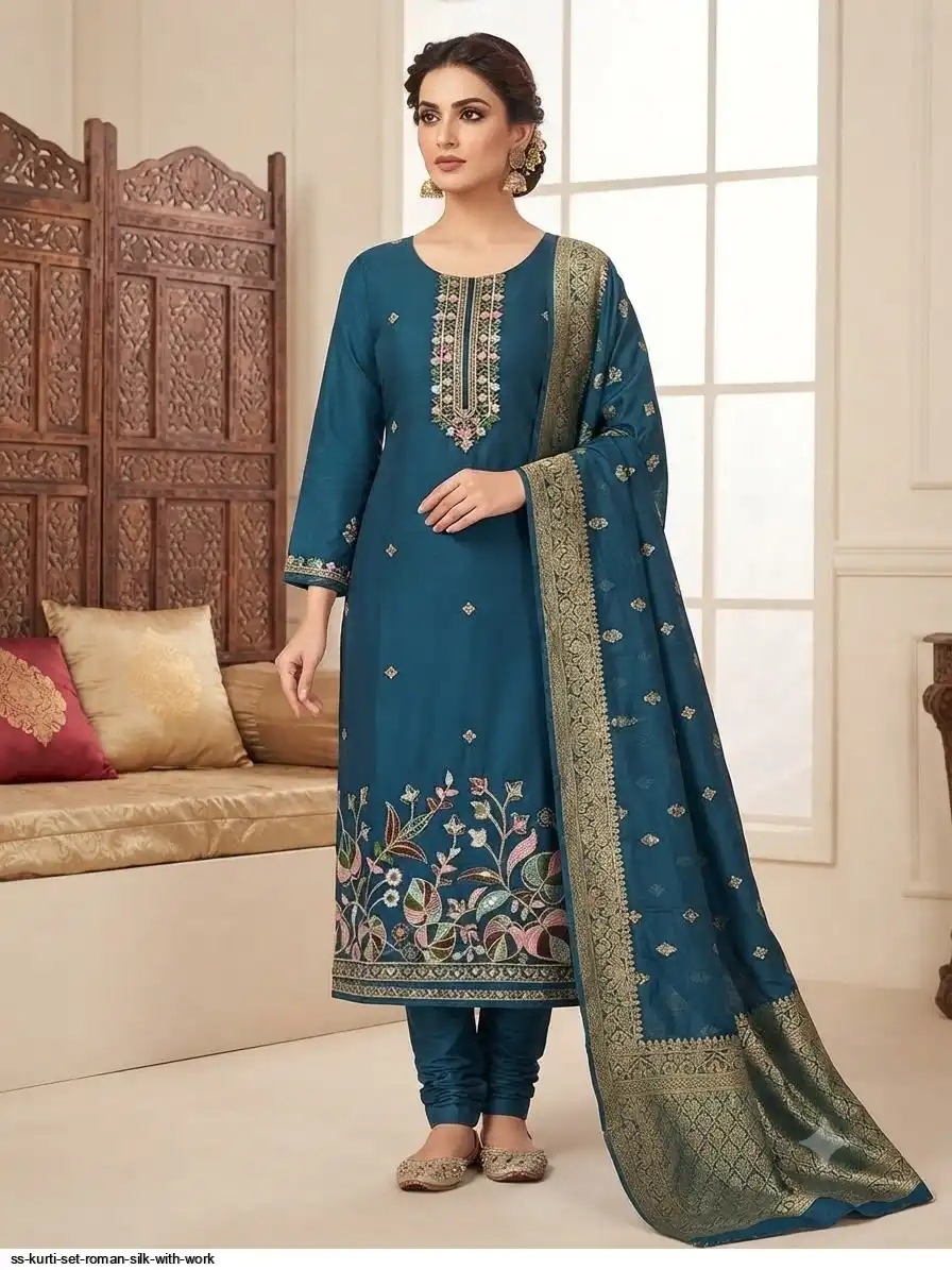 SS KURTI SET ROMAN SILK WITH WORK F