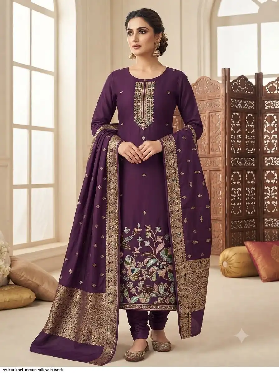 SS KURTI SET ROMAN SILK WITH WORK E