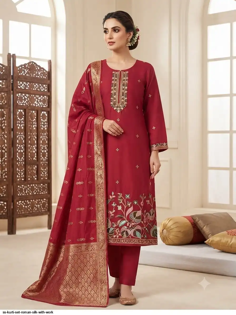 SS KURTI SET ROMAN SILK WITH WORK H