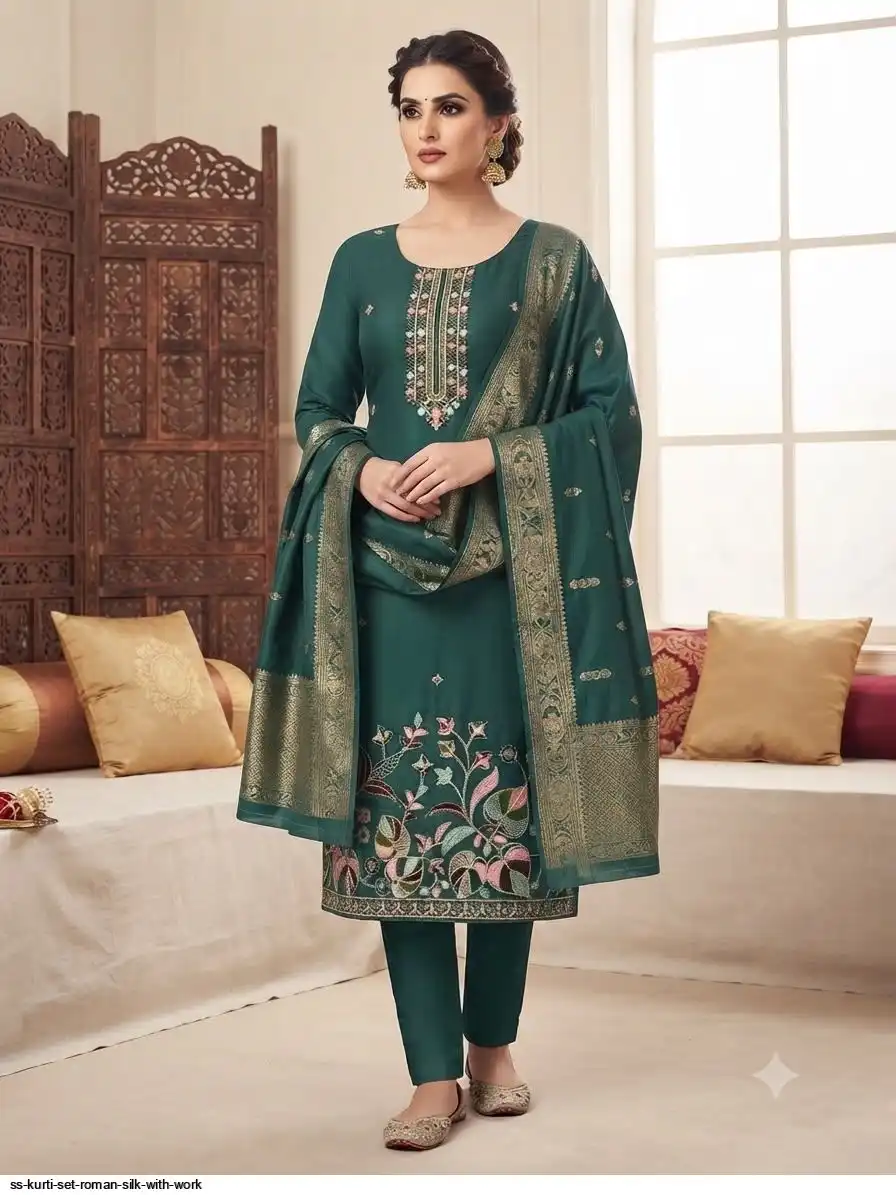 SS KURTI SET ROMAN SILK WITH WORK G