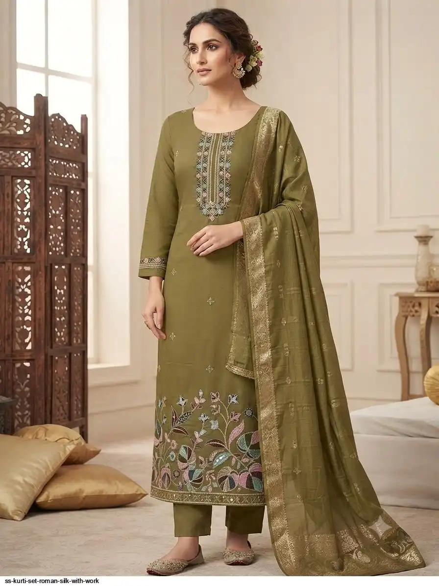 SS KURTI SET ROMAN SILK WITH WORK I