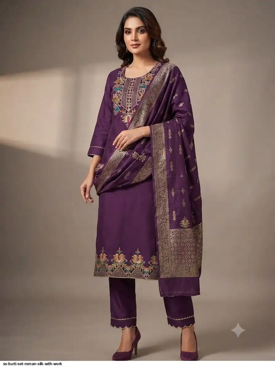 SS KURTI SET ROMAN SILK WITH WORK K