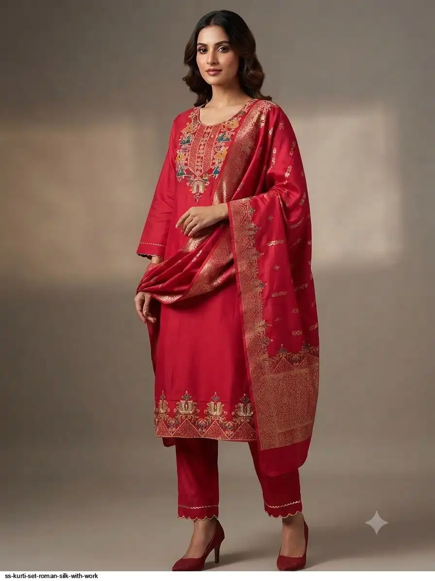 SS KURTI SET ROMAN SILK WITH WORK J