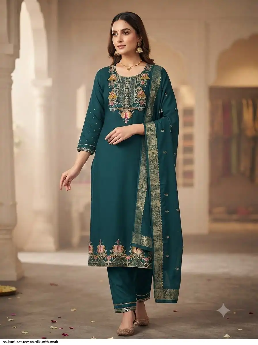 SS KURTI SET ROMAN SILK WITH WORK L