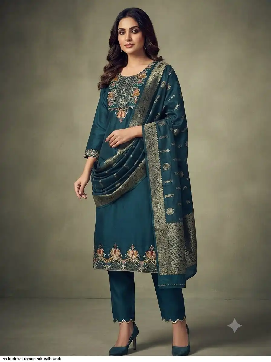 SS KURTI SET ROMAN SILK WITH WORK N