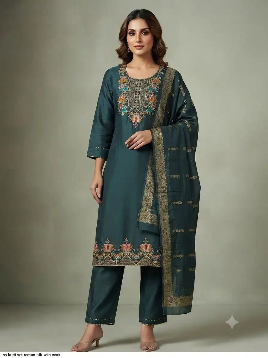 SS KURTI SET ROMAN SILK WITH WORK M