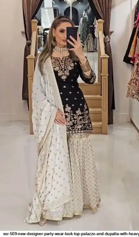 SSR 509 NEW DESIGNER PARTY WEAR LOOK TOP PALAZZO AND DUPATTA WITH HEAVY EMBROIDERY WORK