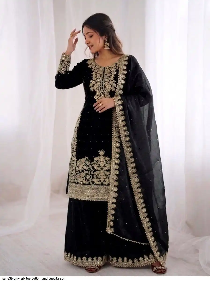 SSR 535 GMY SILK TOP BOTTOM AND DUPATTA SET A