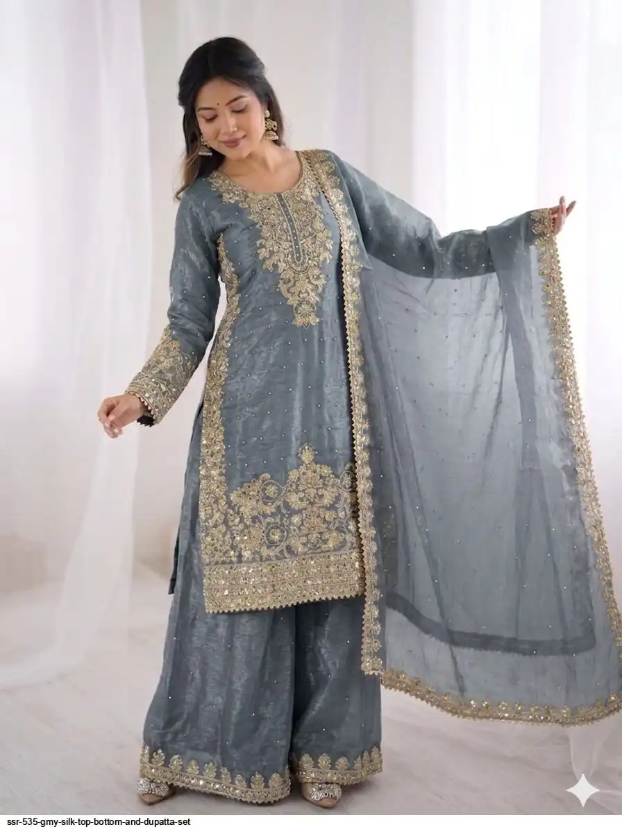 SSR 535 GMY SILK TOP BOTTOM AND DUPATTA SET D