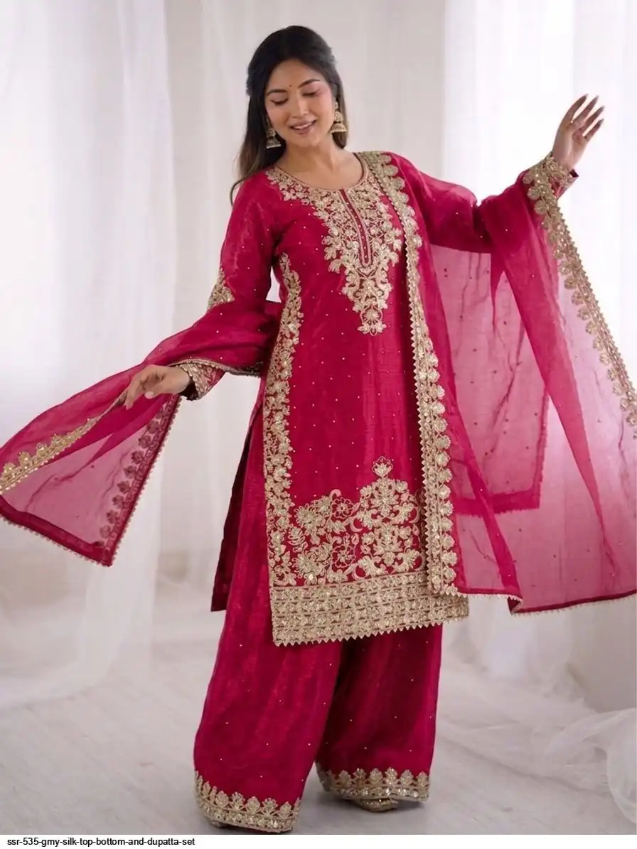 SSR 535 GMY SILK TOP BOTTOM AND DUPATTA SET E