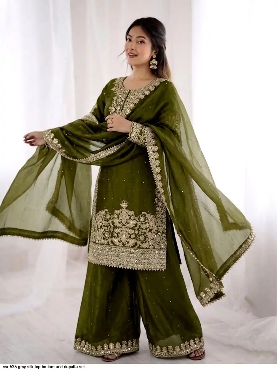 SSR 535 GMY SILK TOP BOTTOM AND DUPATTA SET F
